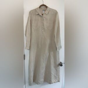 Vintage Laura Ashley Linen Smock Maxi Dress Rare Beige Pockets Size 10